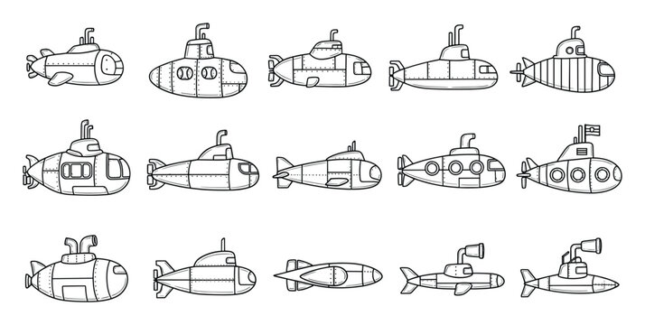 Collection of diverse line art submarine designs perfect for childrens books educational materials game development marinethemed projects or activity pages
