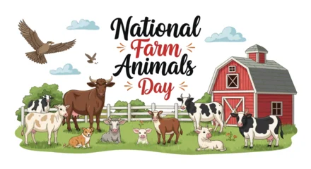 Fototapete Bauernhof A colorful vector illustration celebrates National Farm Animals Day, featuring a charming cartoon barnyard scene with cows, sheep, pigs, and other livestock animals gathered near a red barn  © Fasuga