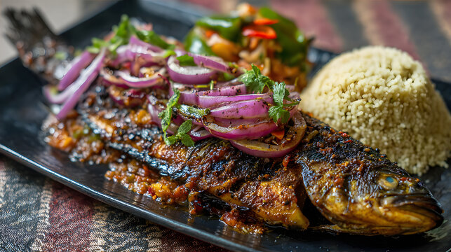 A dish of grilled whole fish served with atti&eacute;k&eacute; in Conakry, Guinea. Illustration of food background in guinea.