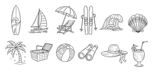 Fototapeta premium Outline sketch summer holiday beach and mountain activity icons featuring sports equipment and relaxation objects for seasonal recreation graphics