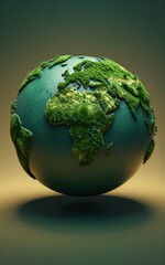 Fototapeta premium Green Earth globe floats lush continents covered in moss and grass.
