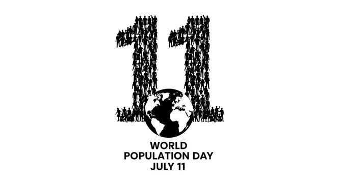 World Population Day design with number eleven made of human silhouettes and globe.