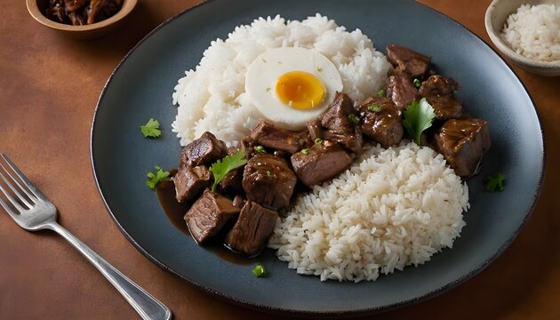 plate of filipino beef adobo glazed in soy sauce with rice