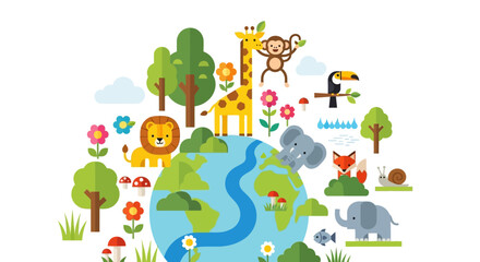Obraz premium Vibrant Global Ecosystem Diverse Wildlife and Lush Green Plants Flourishing Harmoniously Around Planet Earth, Illustrating Conservation