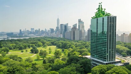 Fototapeta premium A green glass skyscraper overlooks a sprawling park with trees and a city skyline in the background under a clear sky.