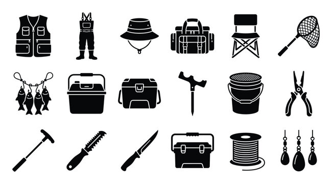 Comprehensive collection of essential fishing equipment icons including apparel, tackle boxes, tools, and accessories, useful for outdoor activity guides or sports shop promotions