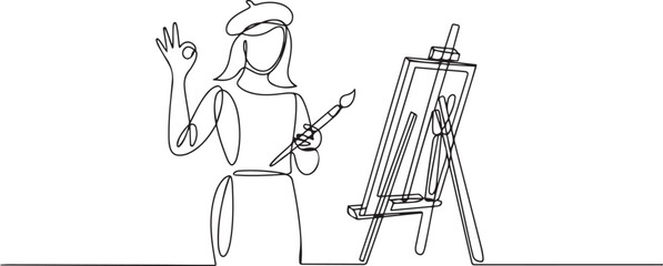 female painter stands with gesture okay using hat and painting tools to produce artwork in his workshop studio. one line art icon drawing vector © jinnatun