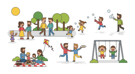 Fototapeta premium Joyful family moments outdoors diverse groups share laughter, play in parks, enjoy picnics, and swing fun in vibrant, sunny settings