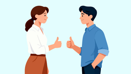 Fototapeta premium Two people face each other, giving thumbs up. They smile warmly, showing agreement and approval. Simple, flat design suits business or social themes. Ideal for teamwork, success