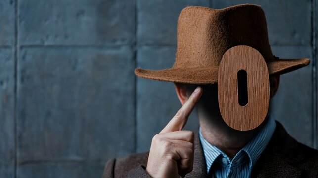 Enigmatic Figure Faceless Man in Hat with Wooden Oval Mask Finger Raised.
