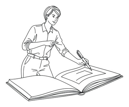 Professional individual concentrating on writing and annotating within a voluminous open book using a pen, perfect for educational content and business documentation.