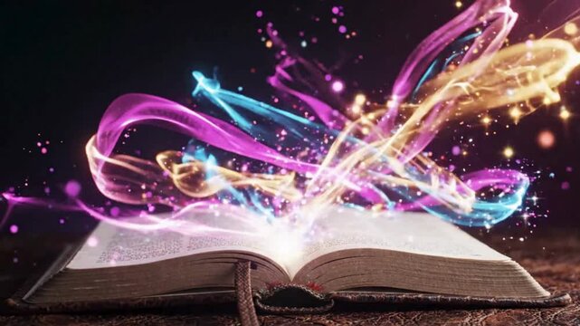 Open magic book with glowing colorful light and swirling sparkles