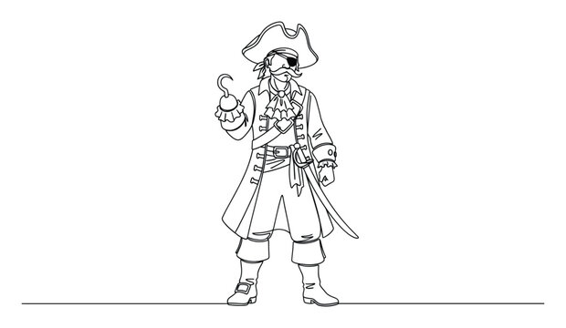 Dynamic continuous line drawing showcasing a classic pirate captain with hook, eye patch, and sword, ideal for thematic educational materials, entertainment projects, or character