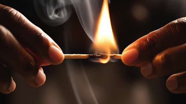 Hand holding burning matchstick with smoke swirling, closeup. Ignition and fire concept.