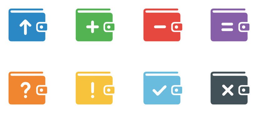Vibrant graphic wallet icons symbolizing financial management functions like transfer increase decrease equality inquiry alert success and failure suitable for fintech platforms and payment