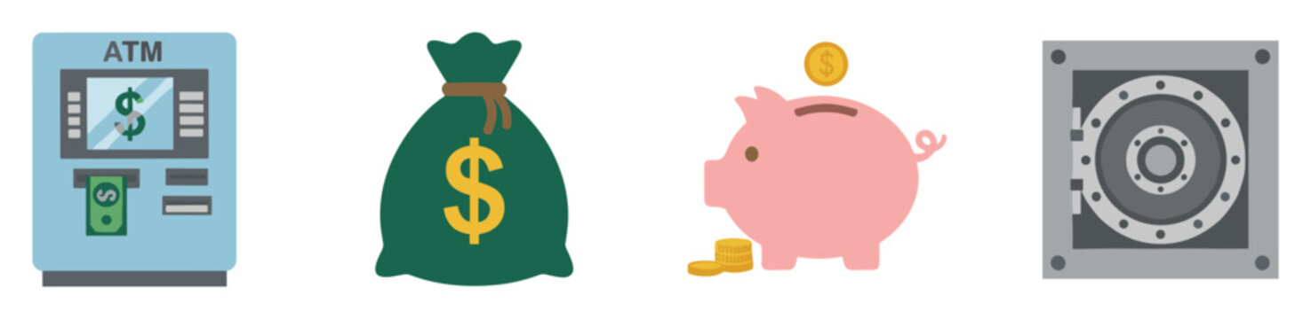 Comprehensive collection of financial service icons for banking, savings, and security needs including ATM, money bag, piggy bank, and vault for various business applications and resource