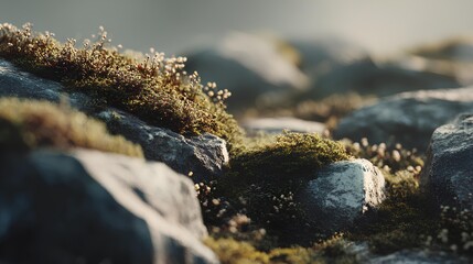 Fototapeta premium Whispers of the Highlands: A close-up view of weathered rocks adorned with verdant moss and delicate wildflowers, evoking the raw beauty and tranquility of a rugged mountain landscape.