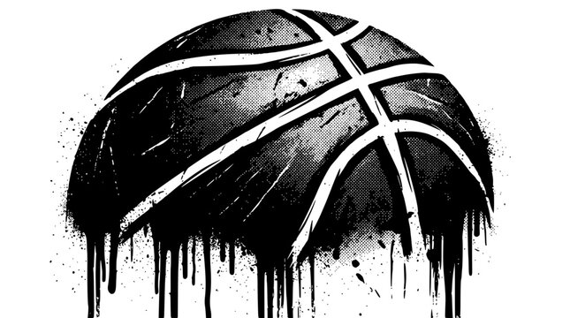Black and white illustration of a dripping basketball design