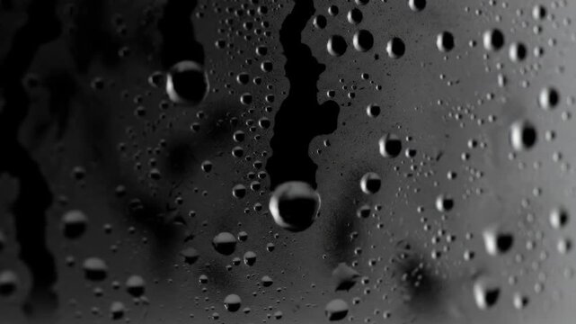 Close-up of water droplets on a dark, reflective surface, creating a textured and abstract background.