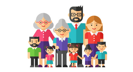 Obraz premium Happy Diverse Family Portrait Grandparents, Parents, and Children United in a Colorful Illustration