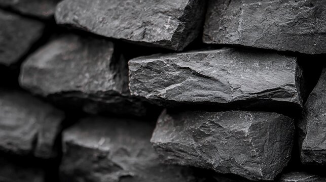 Stacked Dark Gray Rocks with Rough Texture and Shadow Detail.