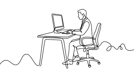 Fototapeta premium Man sitting at desk working on computer vector graphic
