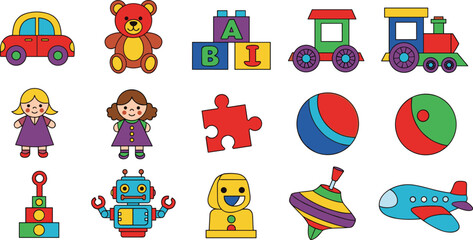 Fototapeta premium Kids Toys Vector Set with Car Doll Train Puzzle Ball Robot Airplane Isolated on White Background