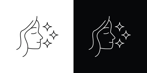 Elegant line art icon illustration of a woman's serene face with sparkling glow, representing beauty, freshness, and healthy skincare ritual © Tifany