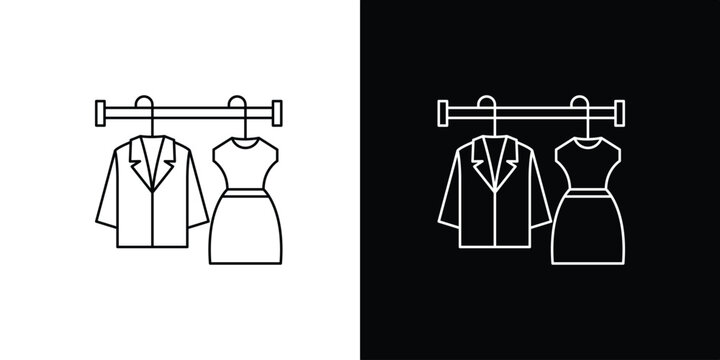 Line art icon of a women's professional jacket and a stylish dress on hangers, symbolizing fashion, retail, and wardrobe selection on a white background
