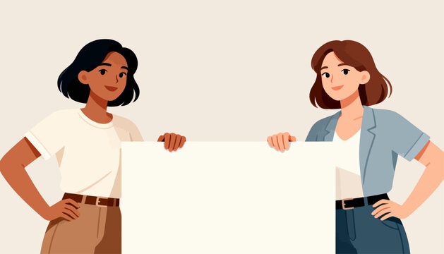 Two women stand side by side, smiling warmly. They hold a blank white sign between them. Dressed casually, they exude confidence and collaboration