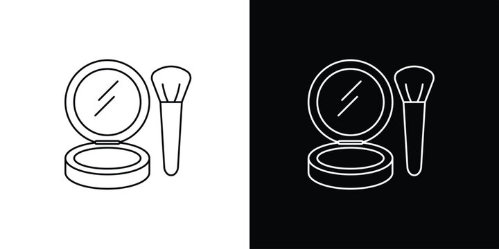 Cosmetic compact mirror and makeup brush outline icon illustration on white and black backgrounds