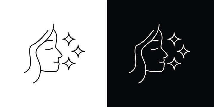 Elegant line art icon illustration of a woman's serene face with sparkling glow, representing beauty, freshness, and healthy skincare ritual