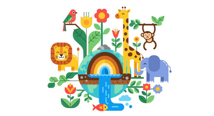 Obraz premium A vibrant and diverse illustration of a lush ecosystem teeming with exotic animals, plants, and natural elements, showcasing a harmonious blend of wildlife and flora