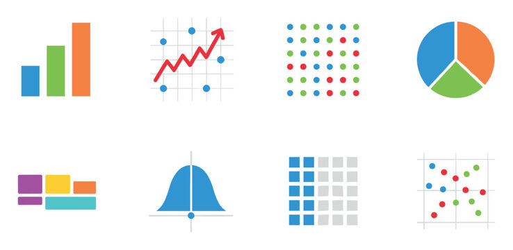 Comprehensive collection of diverse statistical charts and graphs like bar, line, pie, and scatter plots, ideal for presenting business data analysis, financial reports, and data