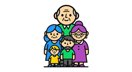 Obraz premium Cheerful multi-generational family portrait in a charming cartoon style, symbolizing togetherness and support across ages