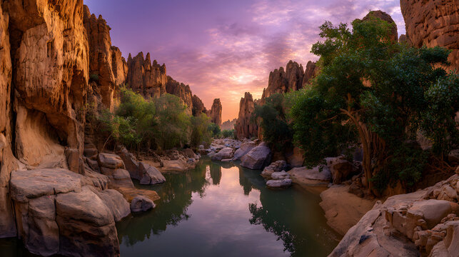 Panoramic view inside the Bashikele gorge east of Ennedi, Chad. Background illustration of a historical site in Chad.