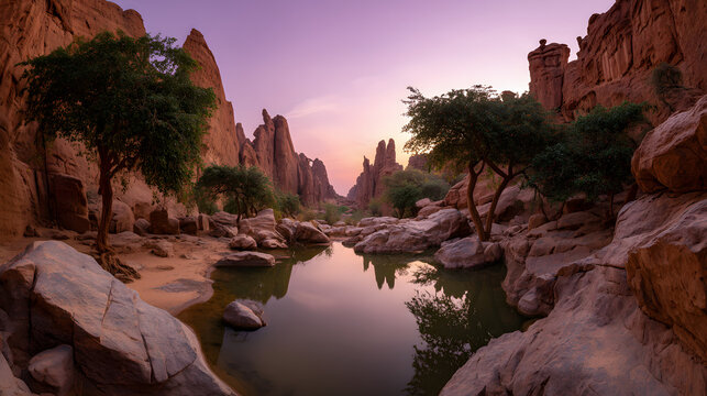 Panoramic view inside the Bashikele gorge east of Ennedi, Chad. Background illustration of a historical site in Chad.