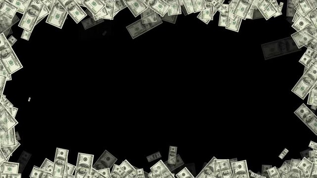 3d money frame explosion overlay isolated chroma key and luma matte. Banknotes money flying down animation. dollars bills falling partical Video 4k.