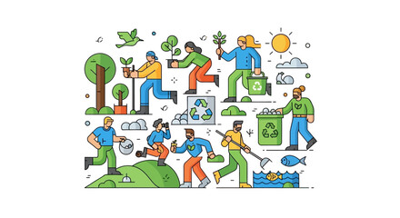 Fototapeta premium Diverse group of people engaged in various environmental conservation and recycling activities