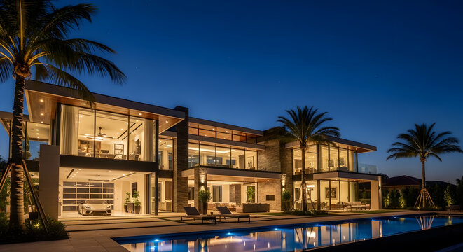 Luxury modern mansion with infinity pool and garage at night, florida architecture