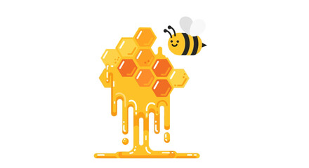 Charming cartoon bee flying near a melting golden honeycomb with delicious natural honey dripping down, illustrating sweet organic produce © Avra