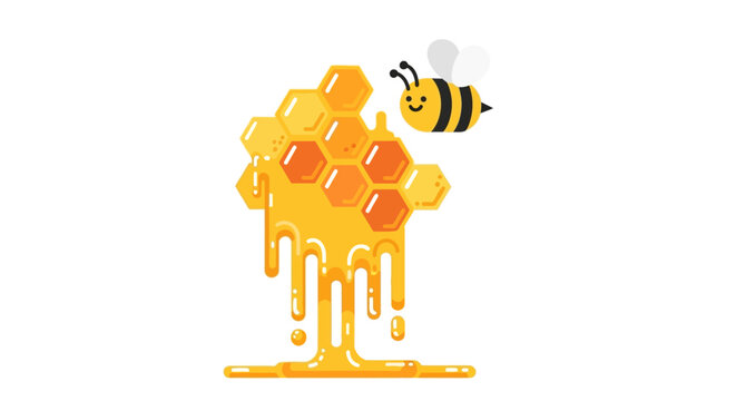 Charming cartoon bee flying near a melting golden honeycomb with delicious natural honey dripping down, illustrating sweet organic produce