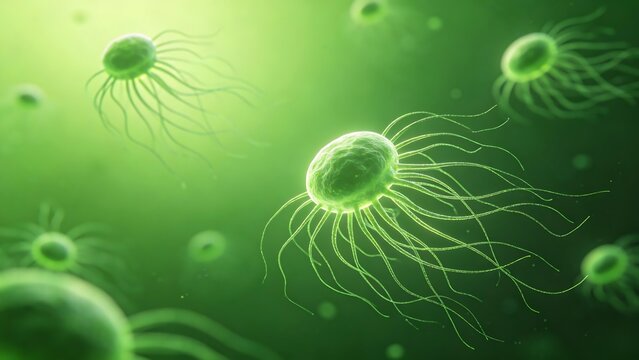 Microscopic organisms in green liquid