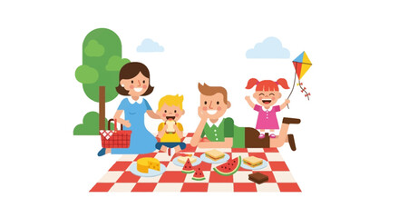 Obraz premium Vibrant illustration shows a happy family on a summer picnic, parents and children enjoying food, laughter, and outdoor leisure in a sunny park
