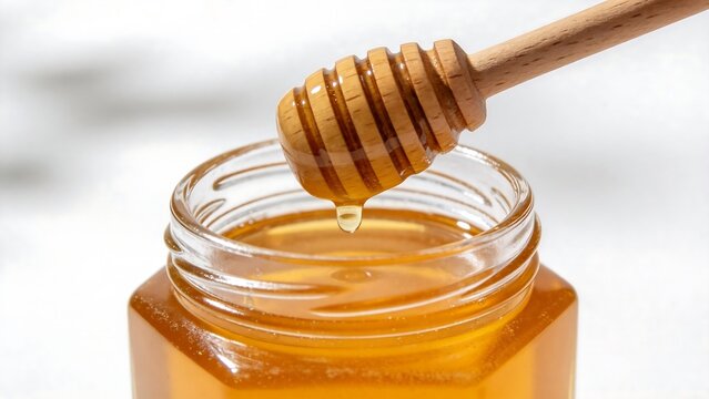 Honey in glass jar with wooden dipper