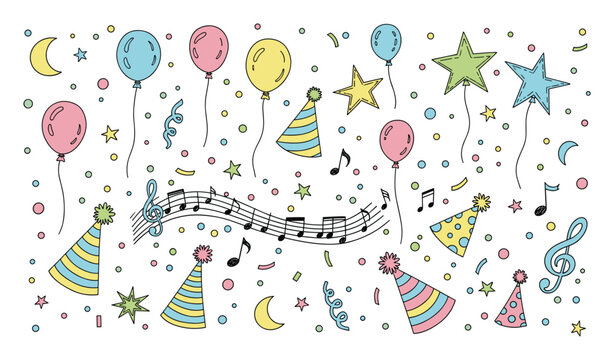 Joyful hand drawn party celebration elements with colorful balloons festive hats music notes and stars perfect for childrens birthday events and greeting designs