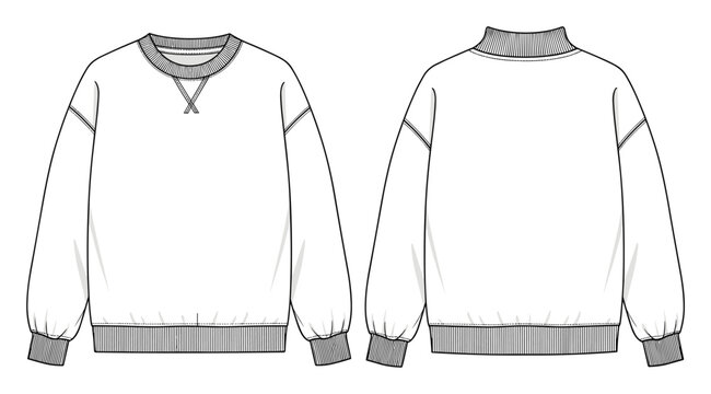 Detailed technical drawing of blank long sleeve sweatshirts featuring both crew neck and mock neck variations with raglan sleeves, ribbed cuffs and hem for apparel design templates.
