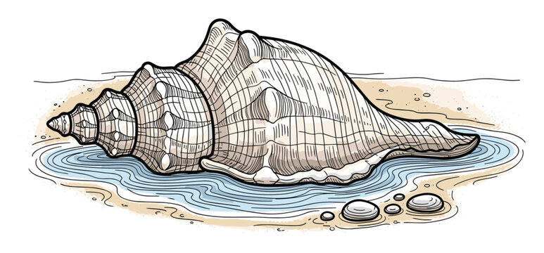 Large conch seashell resting on sandy beach with calm ocean water, perfect for coastal vacation promotions or nature themed marketing collateral for print and web projects