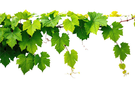 Hanging green grapevine leaves branch isolated on transparent background. Nature summer trailing climbing plant foliage element