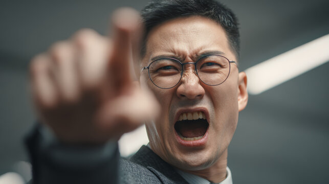 Angry Asian boss yelling finger pointing closeup office stress